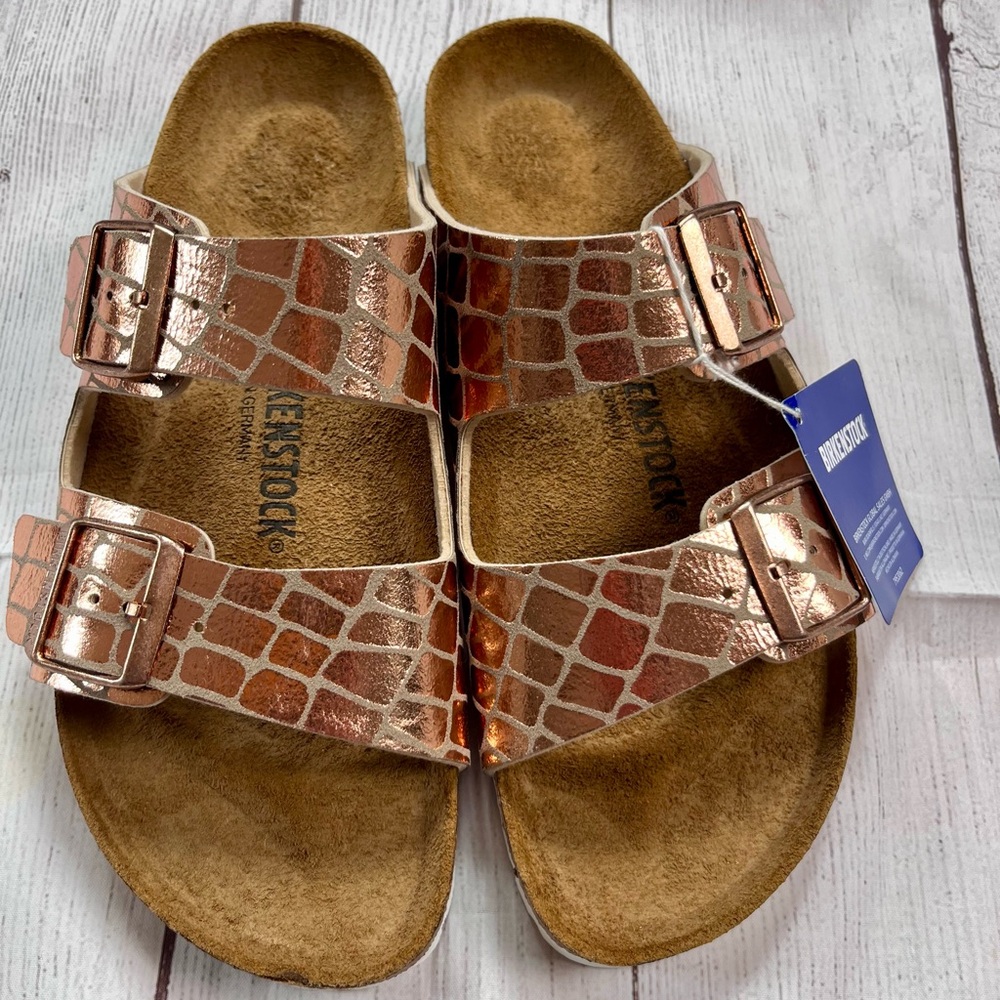 NWT Birkenstock Arizona Gator Gleam Comfort Sandals Sz EU41/US10 Narrow. Copper